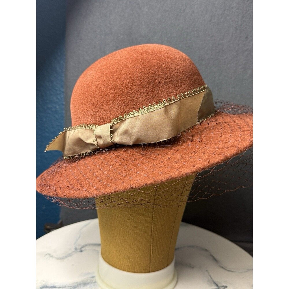Vintage Sanger-Harris Orange Brown Wool Felt Wide Brim Netted Face Hat USA